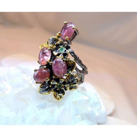 Natural Pink Tourmaline Emerald Oxidized Sterling Silver Ring Vine Botanical - Picture 3 of 7
